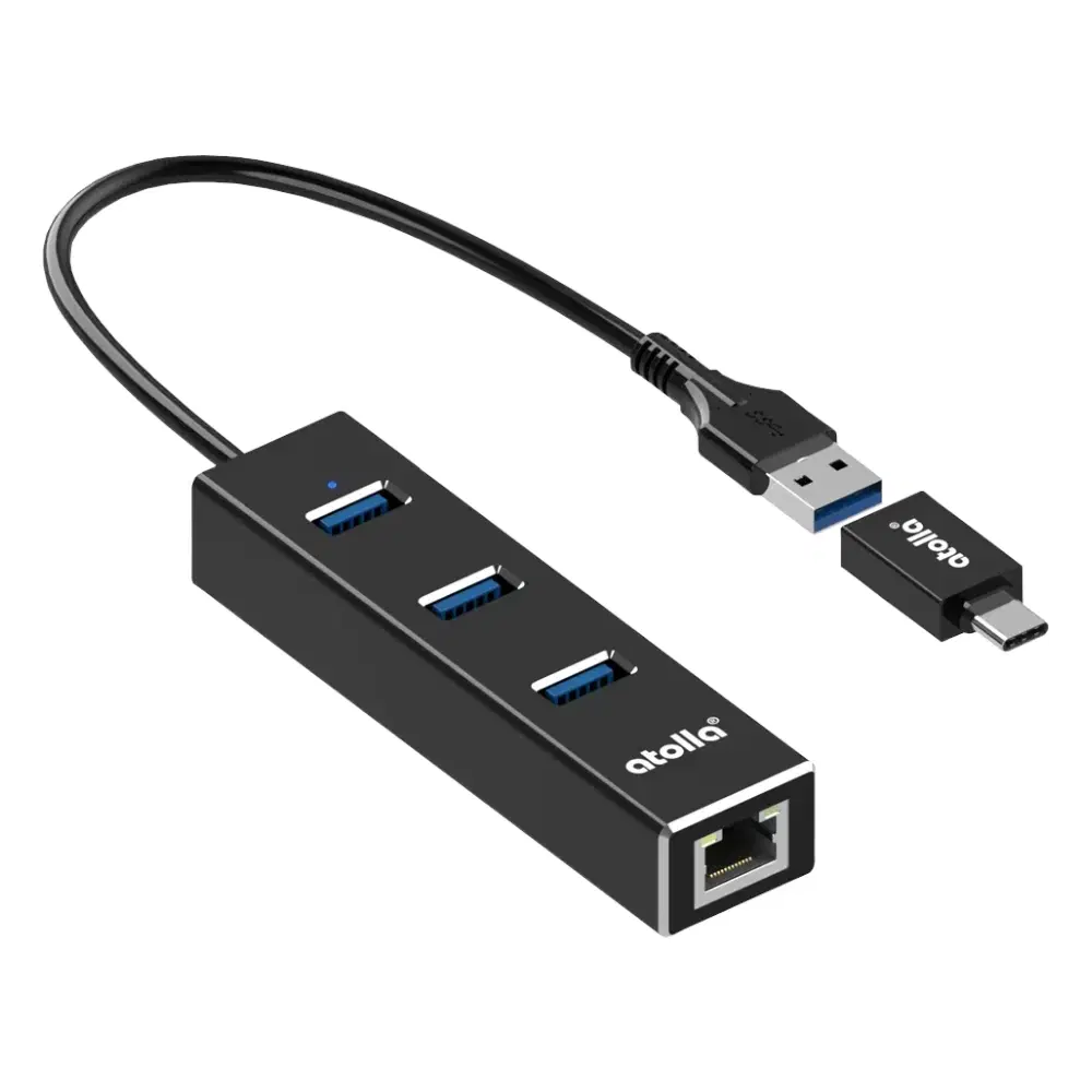 USB Ethernet Hub with 3 USB Ports and USB-C Adapter